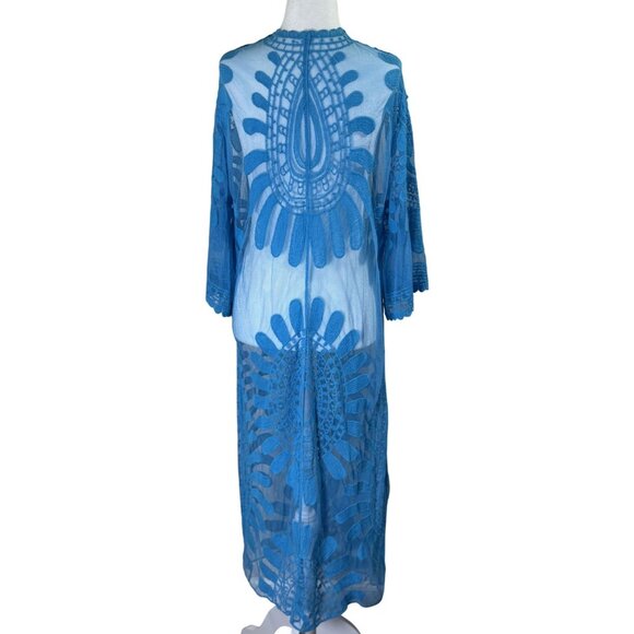 Rebellione Size M /L Long Blue Sheer Cover Up Kimono With Embroidered Floral - Picture 4 of 11
